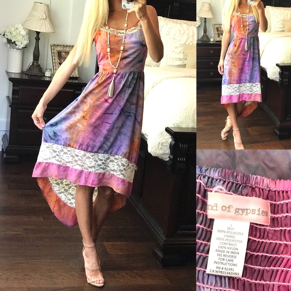 Band of Gypsies Purple Pink Orange Tie-Dye Hi-Low Lace Sundress